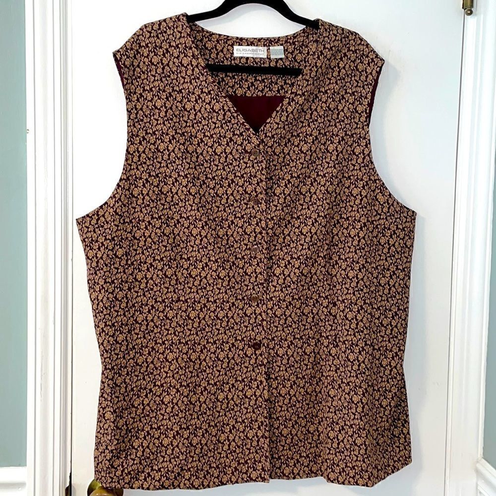 Elisabeth sophisticated lined vest in maroon & tan tiny floral print size 22